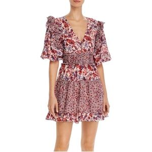 Saylor Laci Mini Dress Pink Floral Combo Ruffle Mixed Print Cinched Waist Sz S